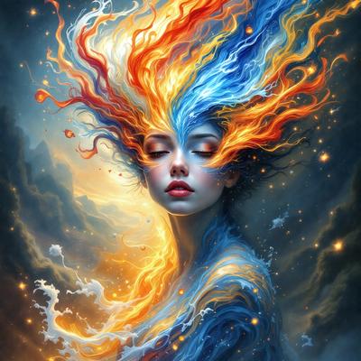 The primary subject of the image is a woman with long, flowing hair. She has a mix of blue and orange hair, giving her a unique and striking appearance. The setting is a dark, cloudy sky, which adds to the dramatic atmosphere of the scene. The visual style of the image is digital art, as it is a detailed and intricate illustration of the woman. The dominant colors in the image are blue and orange, which create a vibrant and lively mood.
